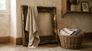 Vintage ornate gold picture frame with neutral linen and woven basket in a rustic living room