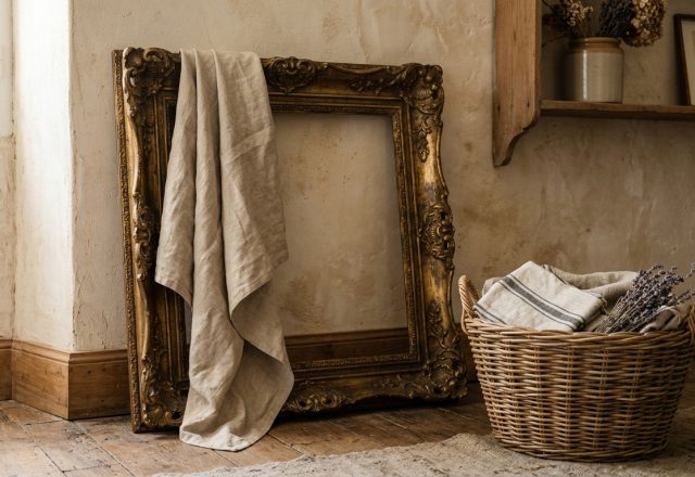 Vintage ornate gold picture frame with neutral linen and woven basket in a rustic living room