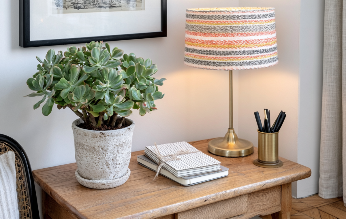 Rustic home office decor featuring a wooden console table, succulent in a ceramic pot, and a cozy patterned desk lamp in English style styling under 120 chars with mainKeyword.