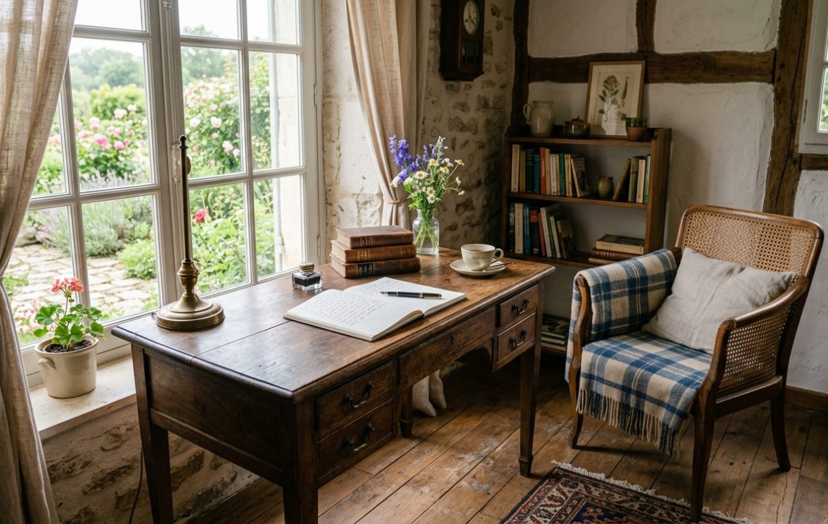 Sunlit rustic home office design featuring a vintage wooden writing desk and a cozy plaid armchair by the window