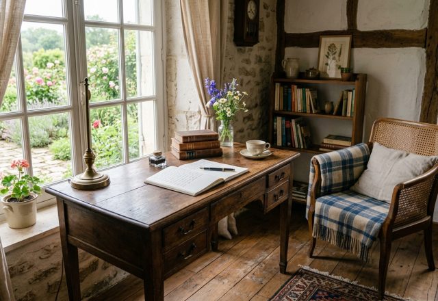 Sunlit rustic home office design featuring a vintage wooden writing desk and a cozy plaid armchair by the window