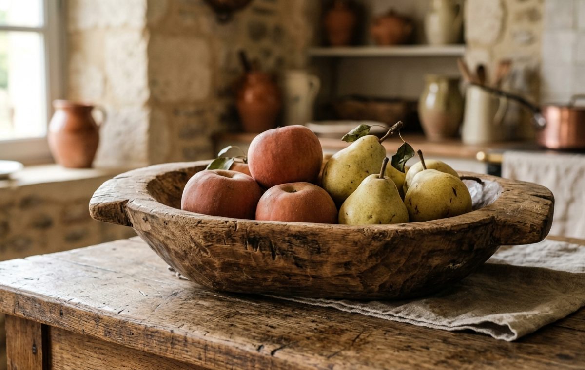 rustic kitchen decor featuring a wooden bowl filled with apples and pears on a vintage table