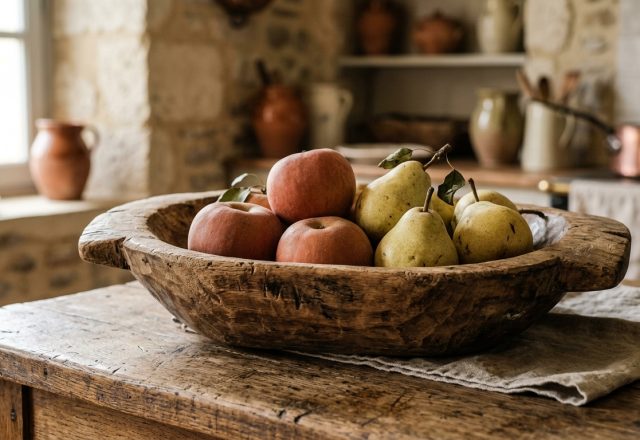 rustic kitchen decor featuring a wooden bowl filled with apples and pears on a vintage table