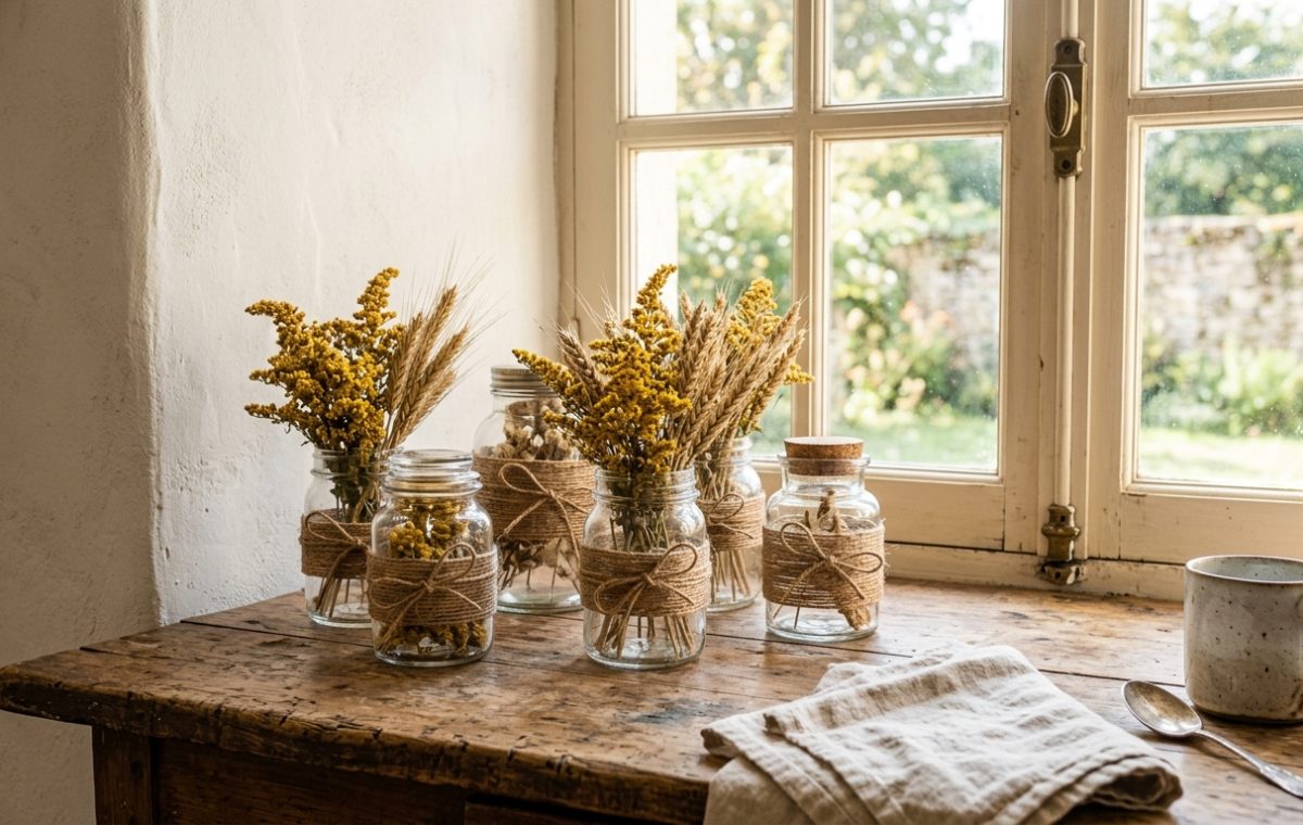 Rustic kitchen decor featuring mason jars with dried wheat and flowers on a wooden window sill
