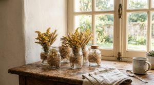 Rustic kitchen decor featuring mason jars with dried wheat and flowers on a wooden window sill