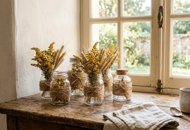 Rustic kitchen decor featuring mason jars with dried wheat and flowers on a wooden window sill