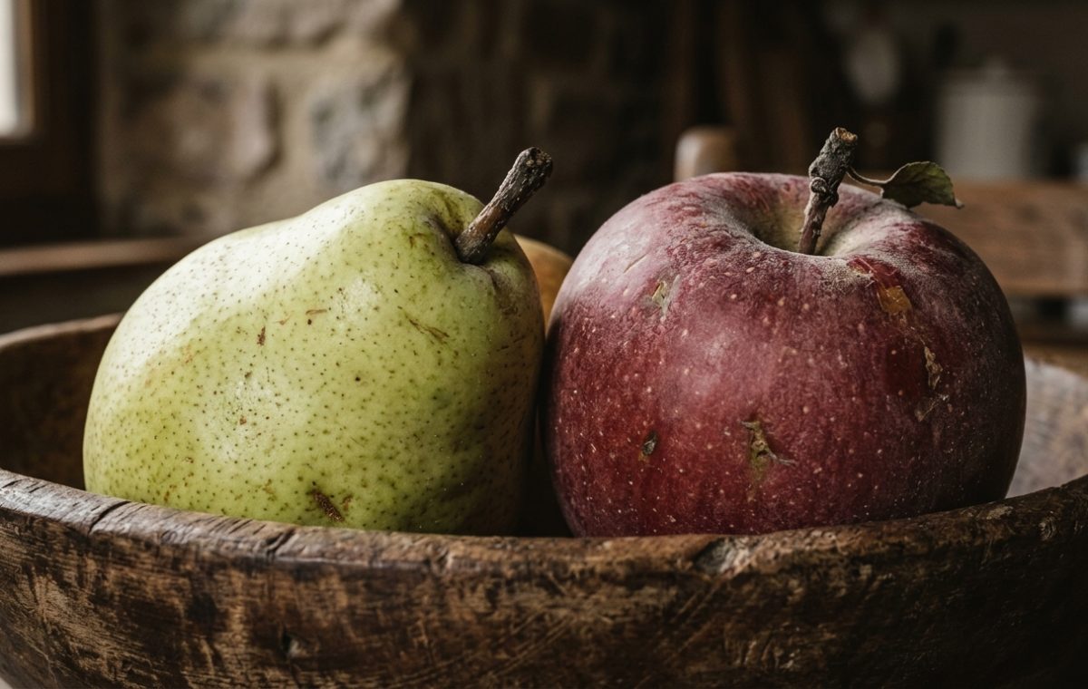 A rustic wooden bowl filled with a fresh pear and an apple on a kitchen counter.