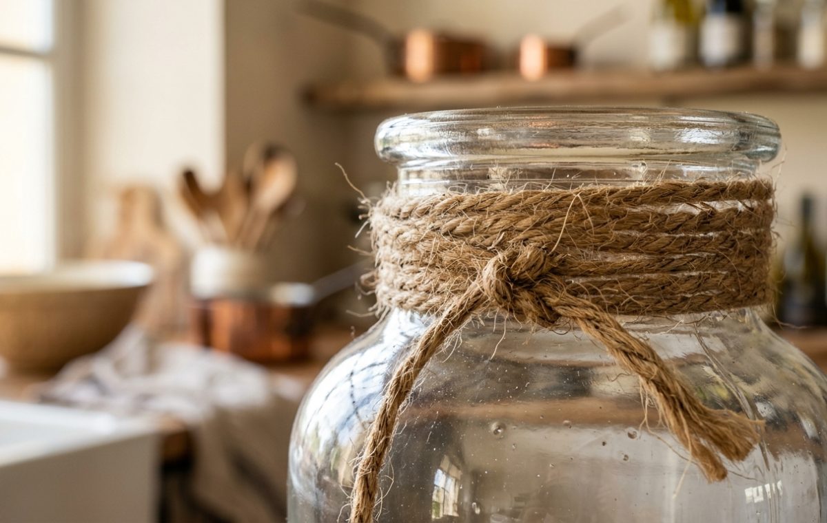 A large clear glass jar decorated with rustic jute rope sitting on a wooden kitchen counter.