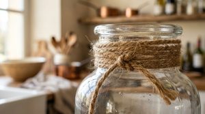 A large clear glass jar decorated with rustic jute rope sitting on a wooden kitchen counter.
