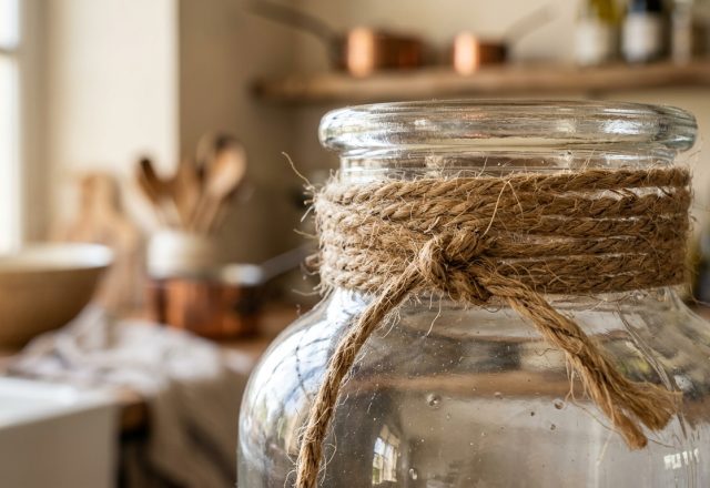 A large clear glass jar decorated with rustic jute rope sitting on a wooden kitchen counter.
