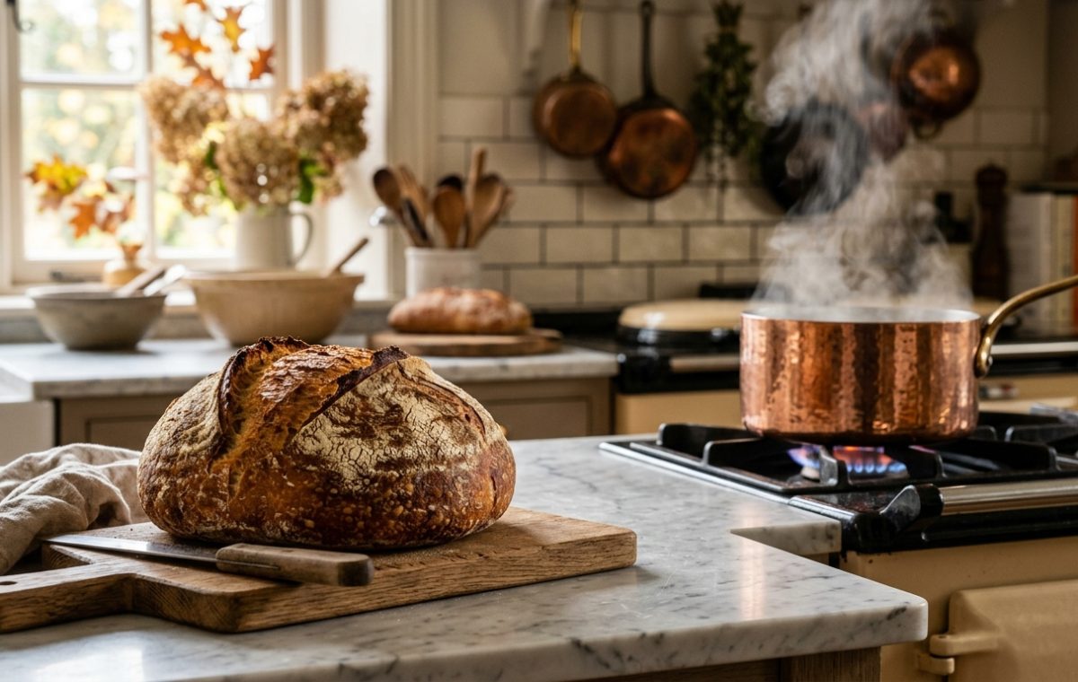 Freshly baked sourdough bread on a wooden cutting board in a sunlit rustic kitchen with copper cookware.
