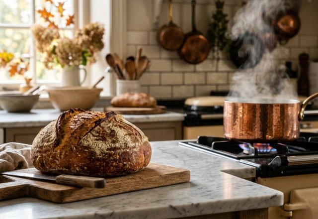 Freshly baked sourdough bread on a wooden cutting board in a sunlit rustic kitchen with copper cookware.