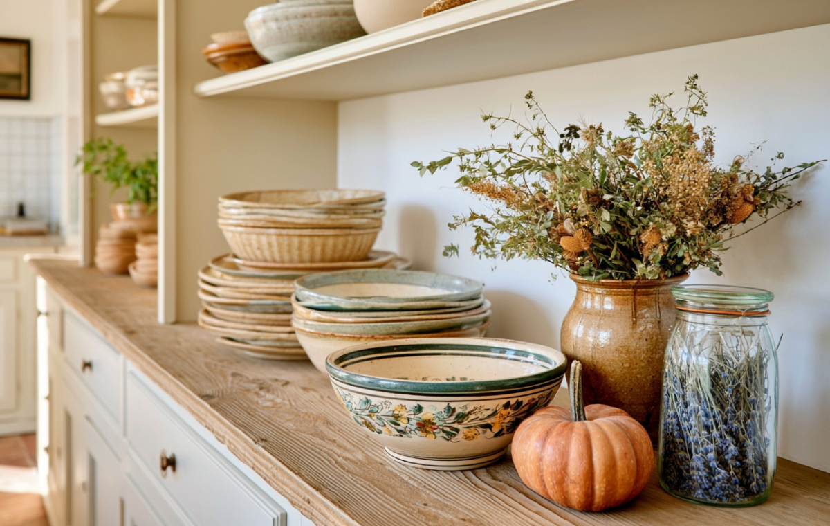 Rustic kitchen open shelving styled with ceramic plates, pottery vases, and a small pumpkin on a wooden counter