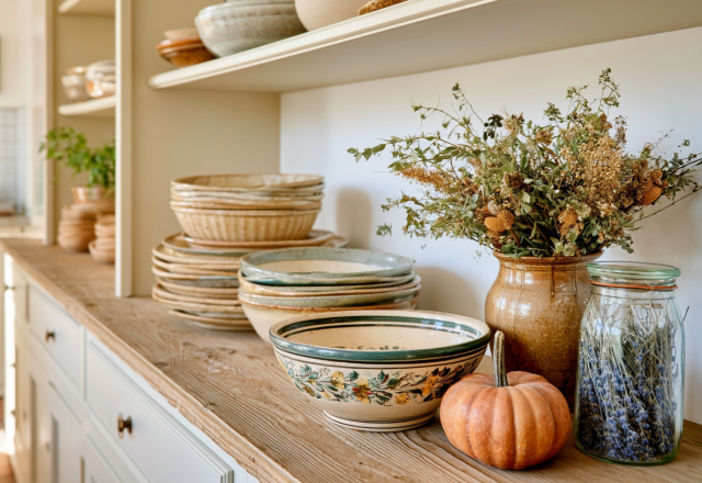 Rustic kitchen open shelving styled with ceramic plates, pottery vases, and a small pumpkin on a wooden counter