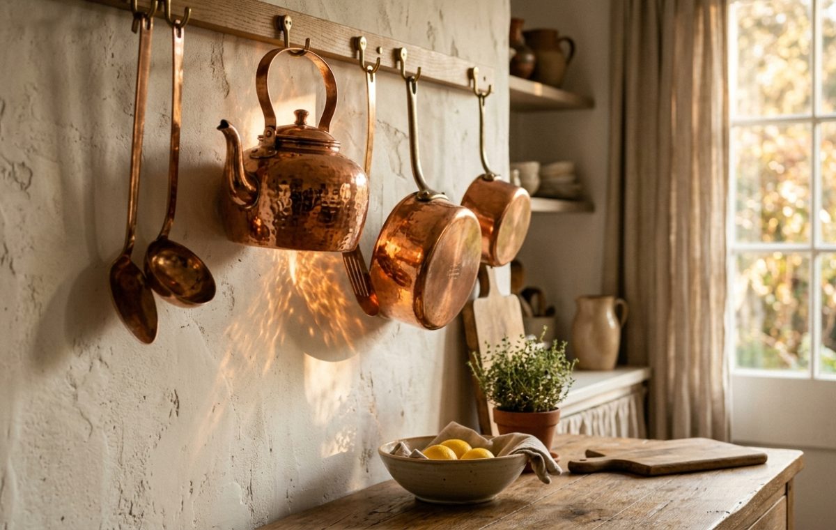 A rustic kitchen rail holding copper cookware against a textured plaster wall with afternoon light.
