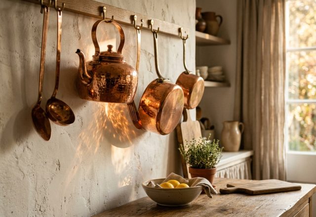 A rustic kitchen rail holding copper cookware against a textured plaster wall with afternoon light.