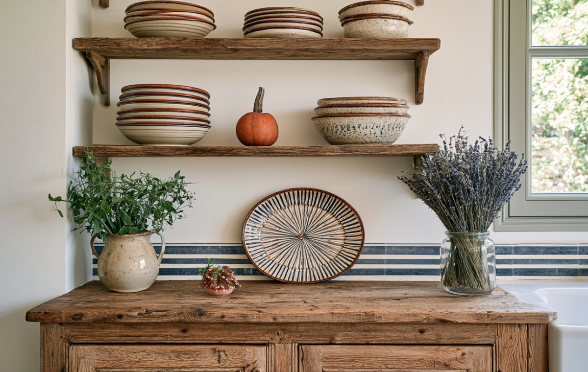 rustic kitchen shelving styled with earthenware plates, bowls, and dried lavender in a farmhouse kitchen
