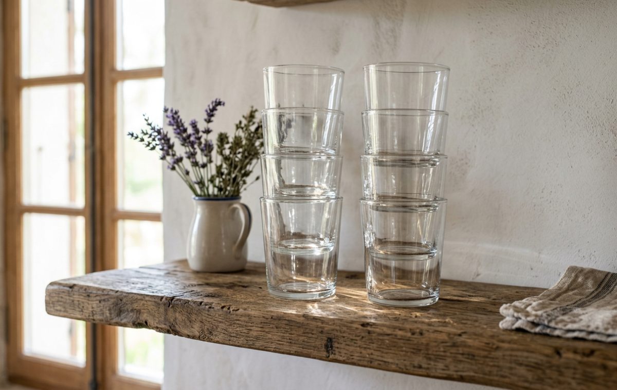 Stacked clear glass tumblers on a reclaimed wood rustic kitchen shelf with a pitcher of lavender.