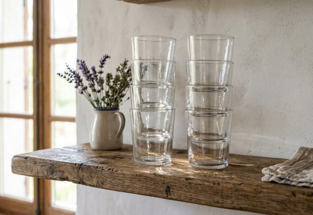 Stacked clear glass tumblers on a reclaimed wood rustic kitchen shelf with a pitcher of lavender.