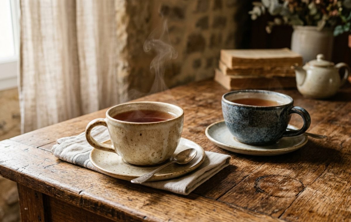 Rustic kitchen table styling featuring hot tea in vintage ceramic mugs on a worn wooden surface.