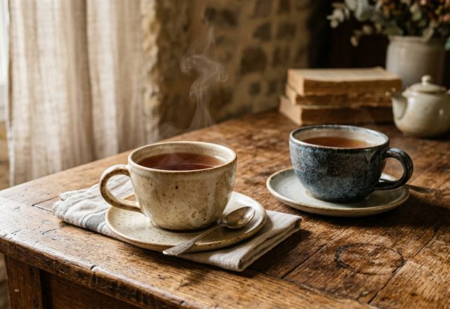 Rustic kitchen table styling featuring hot tea in vintage ceramic mugs on a worn wooden surface.