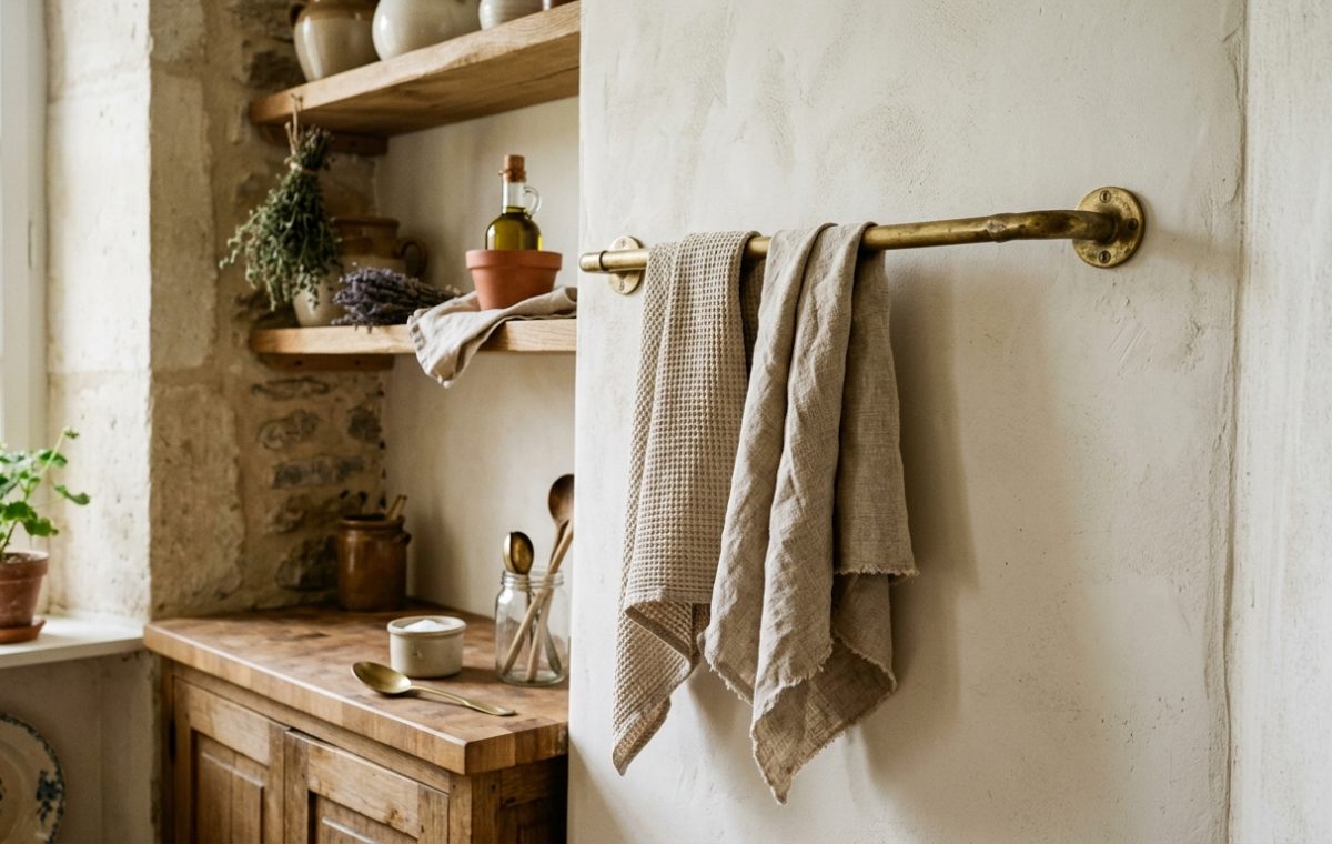 A rustic kitchen towel rail holding neutral linen towels against a textured plaster wall.
