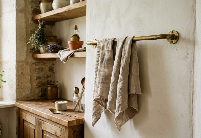 A rustic kitchen towel rail holding neutral linen towels against a textured plaster wall.