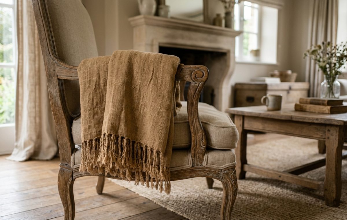 Rustic living room armchair draped with an amber textured throw blanket near a wooden coffee table and fireplace.