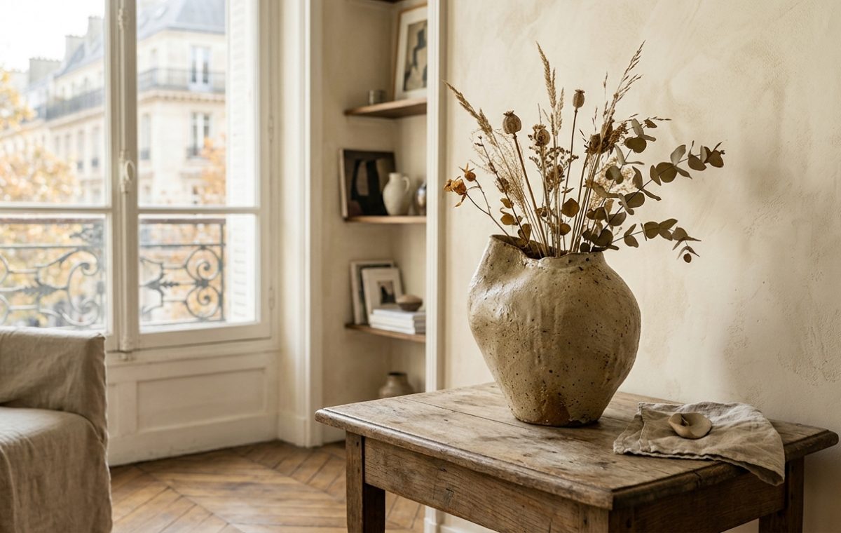 Rustic living room decor featuring an antique wood table, textured plaster walls, and a ceramic vase with dried botanicals.