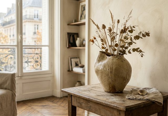 Rustic living room decor featuring an antique wood table, textured plaster walls, and a ceramic vase with dried botanicals.