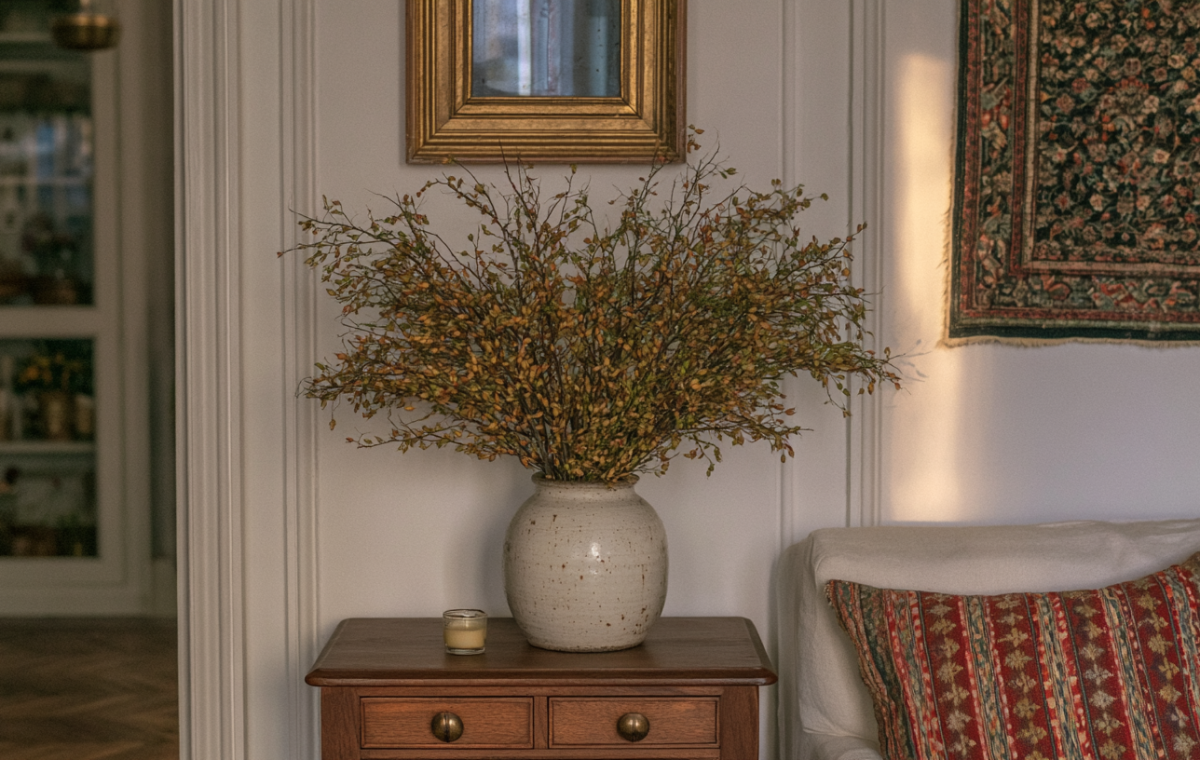 Rustic living room decor featuring a ceramic vase with autumn branches on a wooden side table