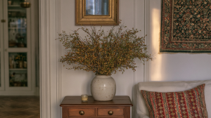 Rustic living room decor featuring a ceramic vase with autumn branches on a wooden side table