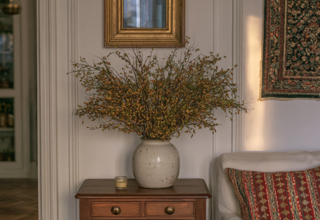 Rustic living room decor featuring a ceramic vase with autumn branches on a wooden side table