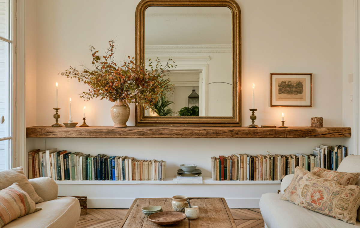 rustic living room ideas featuring a wooden floating shelf, books, and a vintage gold mirror