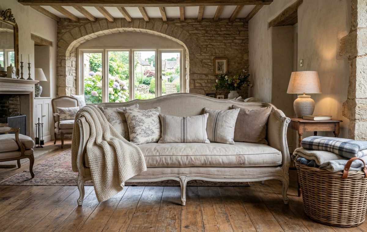 Rustic living room with exposed stone wall, wooden beams, antique fireplace, and neutral linen sofa
