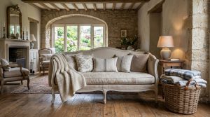 Rustic living room with exposed stone wall, wooden beams, antique fireplace, and neutral linen sofa