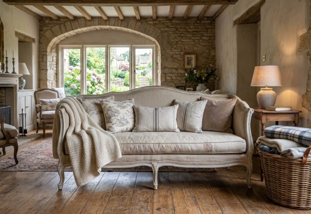 Rustic living room with exposed stone wall, wooden beams, antique fireplace, and neutral linen sofa