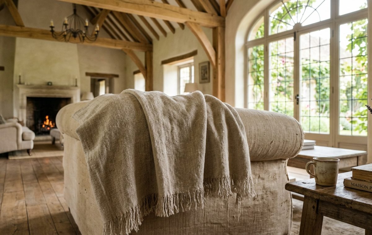 Cozy rustic living room featuring exposed timber beams and a neutral slipcovered sofa with a linen throw.