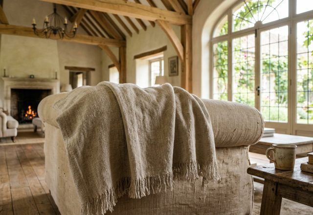 Cozy rustic living room featuring exposed timber beams and a neutral slipcovered sofa with a linen throw.