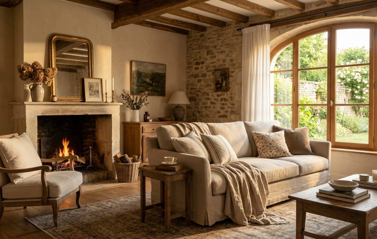 A warm rustic living room featuring exposed stone walls, wooden beams, a stone fireplace, and a neutral slipcovered sofa.