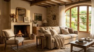 A warm rustic living room featuring exposed stone walls, wooden beams, a stone fireplace, and a neutral slipcovered sofa.