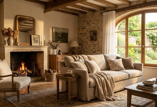 A warm rustic living room featuring exposed stone walls, wooden beams, a stone fireplace, and a neutral slipcovered sofa.