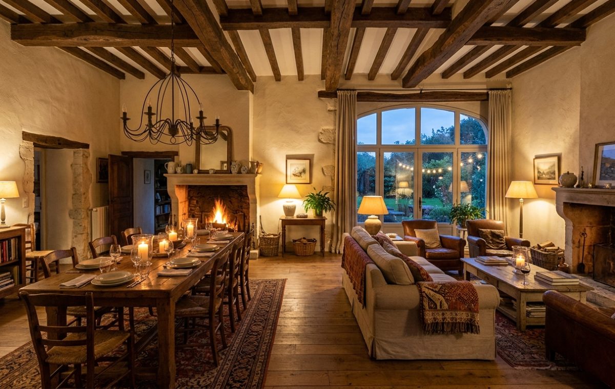 Cozy rustic living room lighting featuring exposed ceiling beams, stone fireplace, and warm ambient lamps.