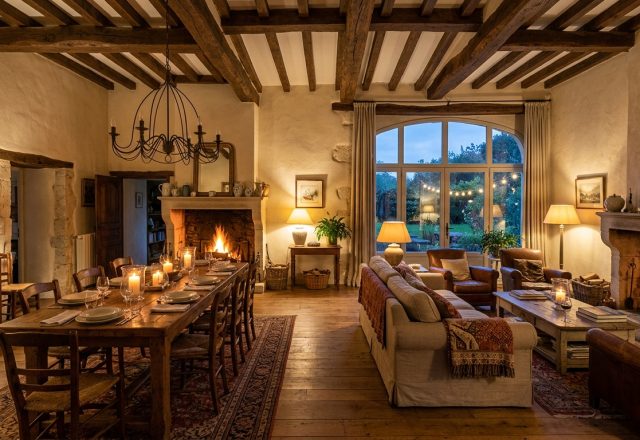 Cozy rustic living room lighting featuring exposed ceiling beams, stone fireplace, and warm ambient lamps.