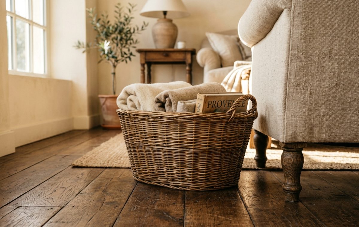A rustic living room storage basket filled with blankets and a book on hardwood floors.