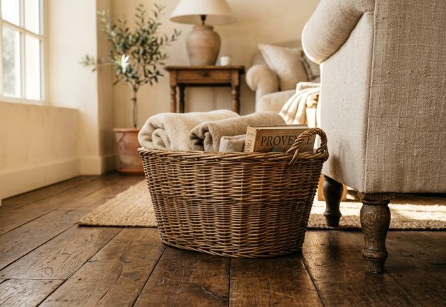 A rustic living room storage basket filled with blankets and a book on hardwood floors.