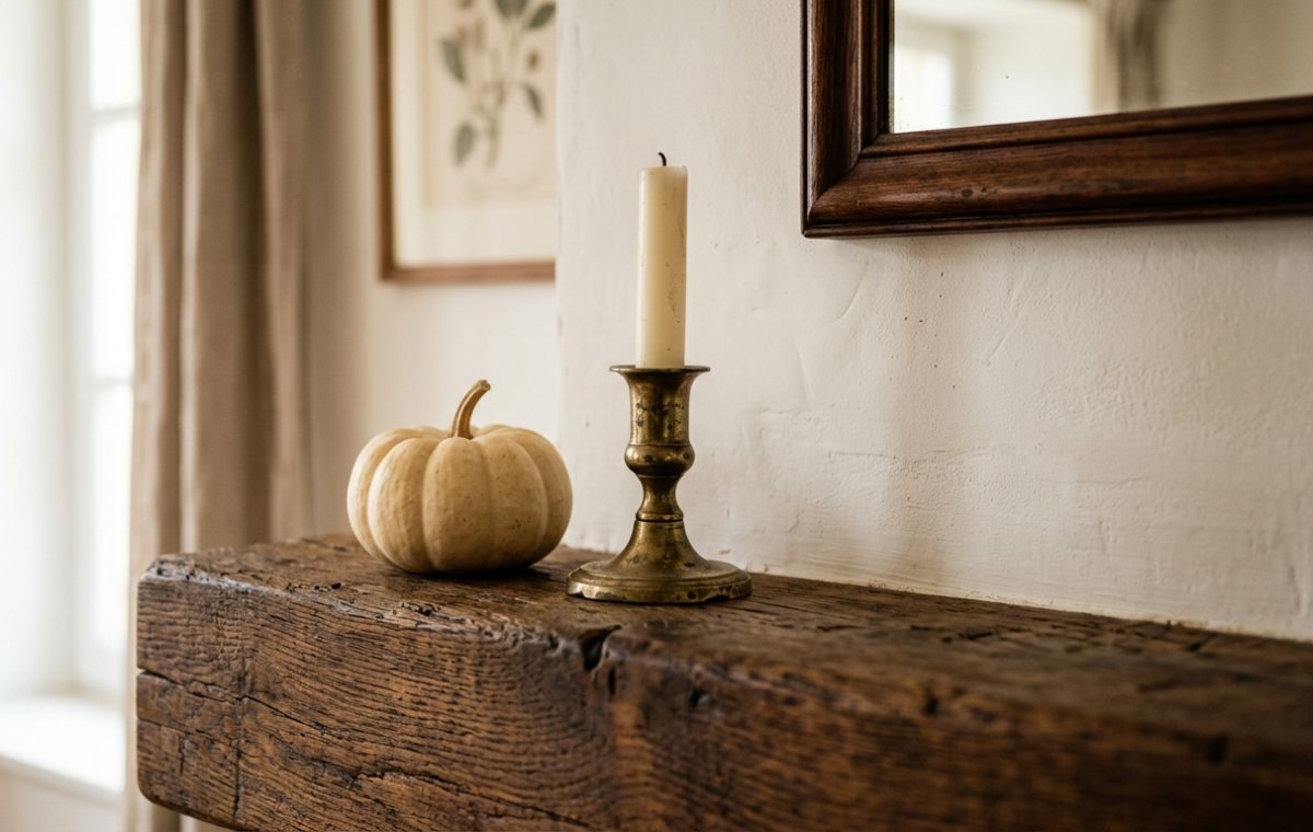 Rustic mantel decor featuring a reclaimed wood beam with a white pumpkin and antique brass candlestick.