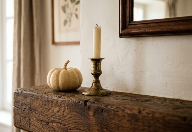 Rustic mantel decor featuring a reclaimed wood beam with a white pumpkin and antique brass candlestick.