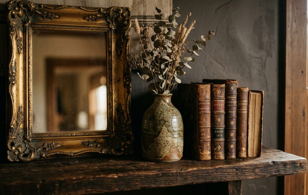 Rustic mantel styling featuring an antique mirror, dried botanicals in a ceramic vase, and vintage books.