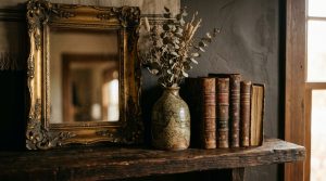 Rustic mantel styling featuring an antique mirror, dried botanicals in a ceramic vase, and vintage books.
